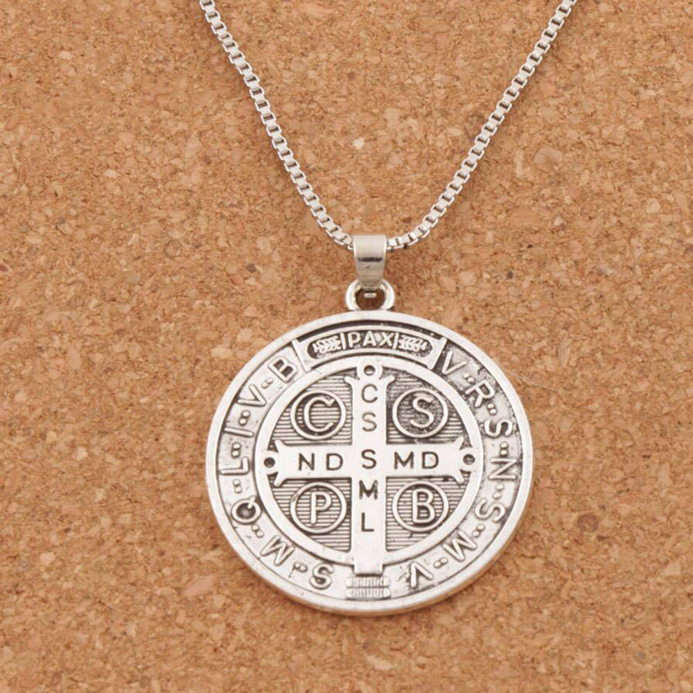 Saint St Benedict Of Nursia Cross Medal 1 1/4″ Pendant Necklace 24″ Box Chain