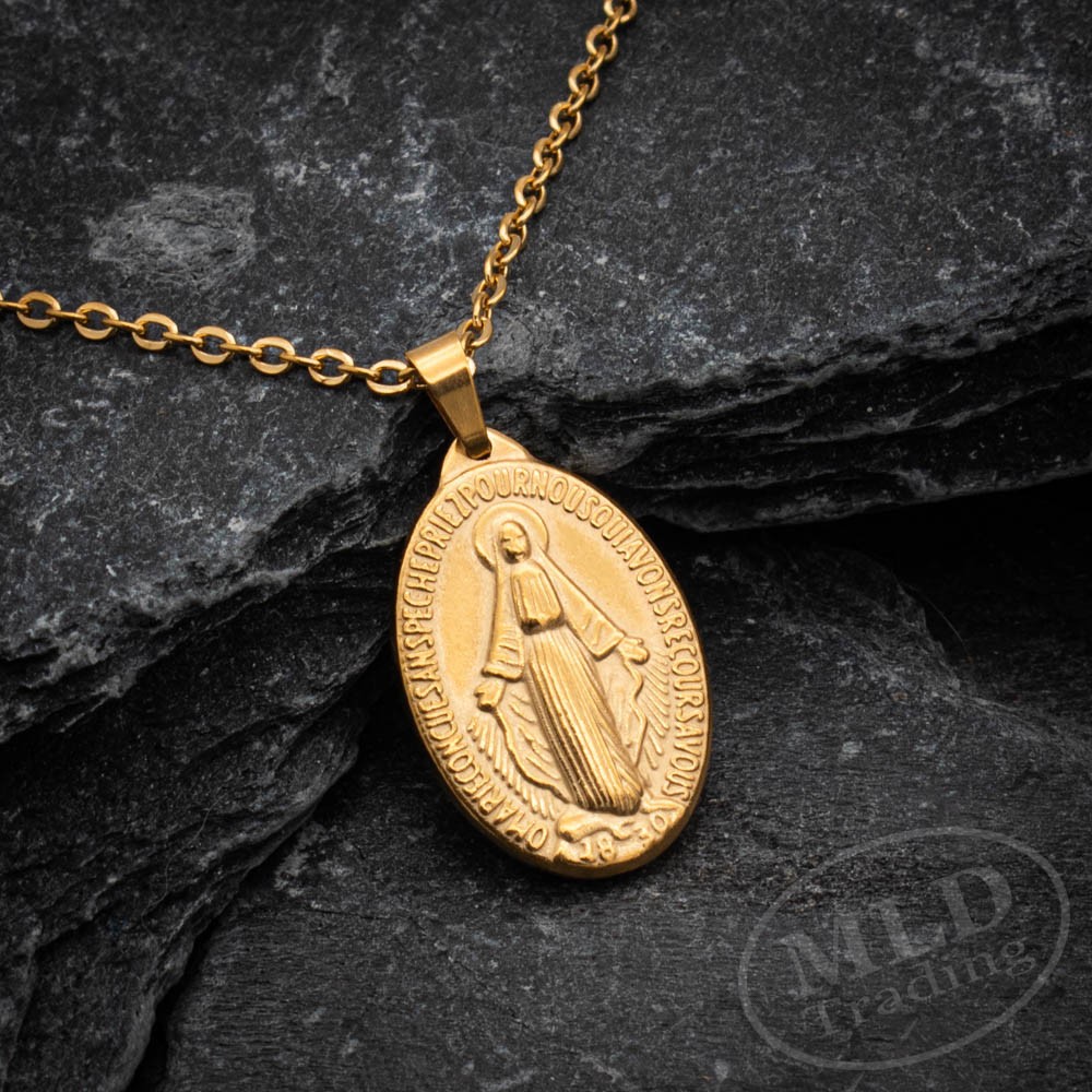 Gold Miraculous Medal Necklace – Stainless Steel Catholic Pendant 18″+2″ Chain