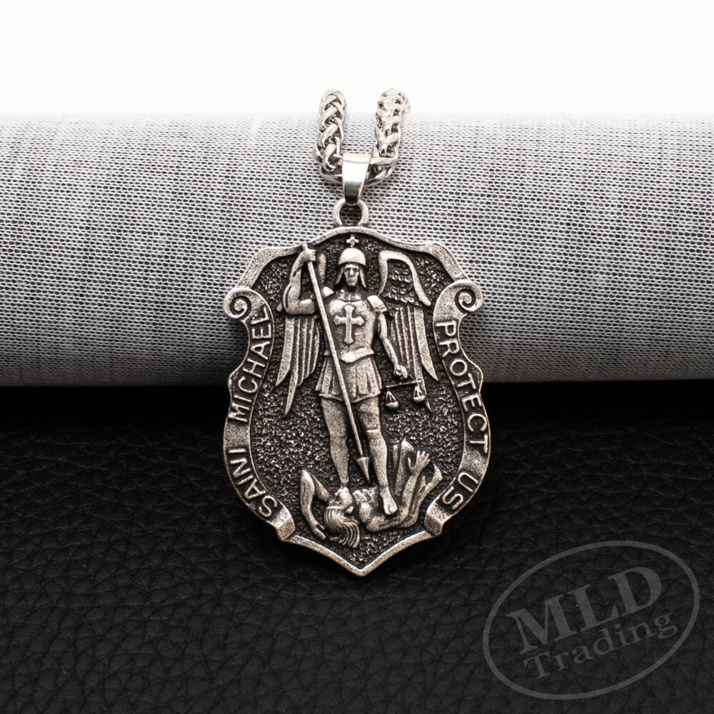 Large Saint St Michael Medal Shield Badge Pendant Necklace w Strong Spiga Chain