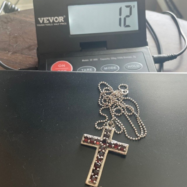 VTG Christian Cross Pendant Necklace 925 Sterling Silver Red Garnet(15)