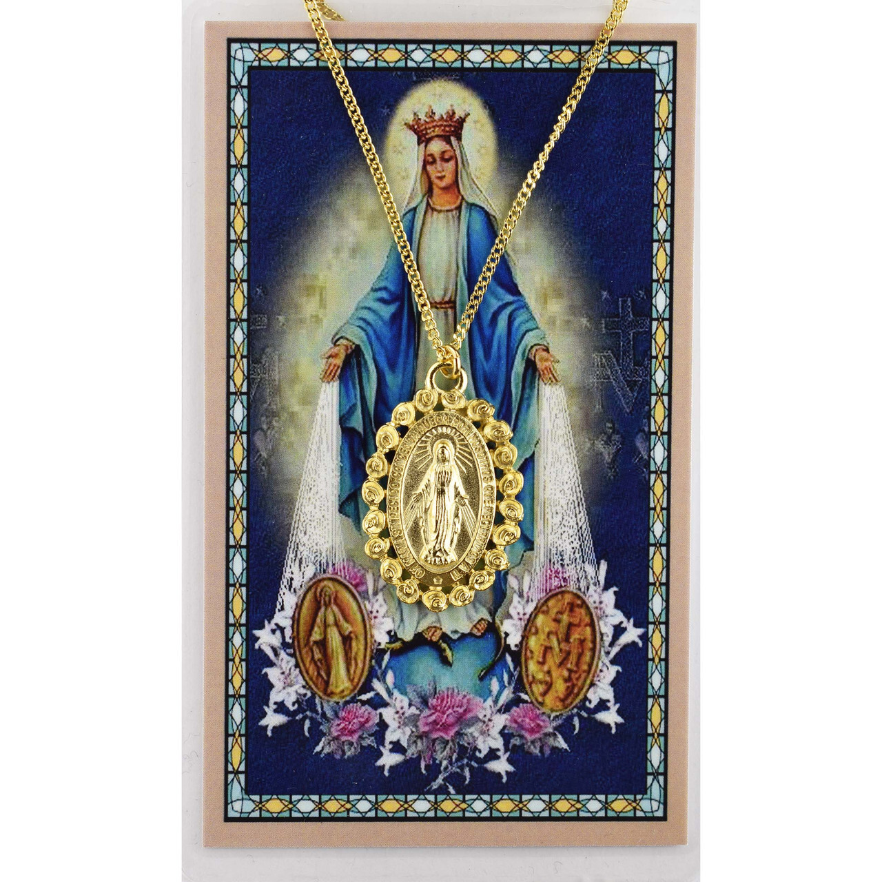 Our Lady Miraculous Pewter Medal Prayer Holy Card Set w/ 18 Inch Goldtone Chain