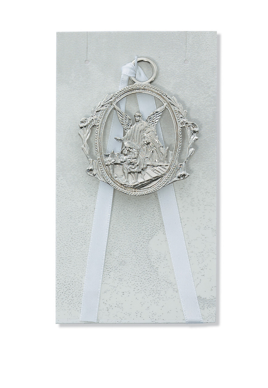 Guardian Angel Crib Medal W/ White Ribbon Card Religious Baby Baptism Gift 2.75