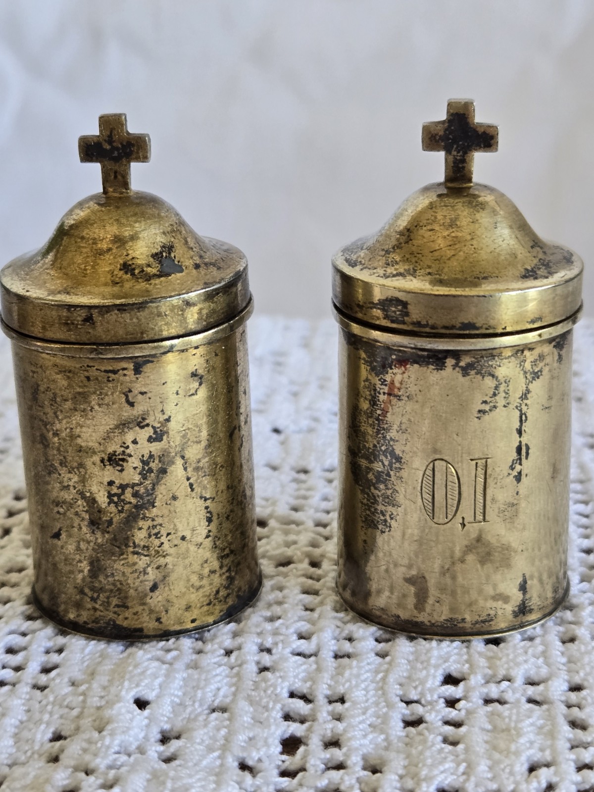 Antique 1 900 Coin Silver And 1 Brass Holy Oil Stocks Catholic Chrismatory OI