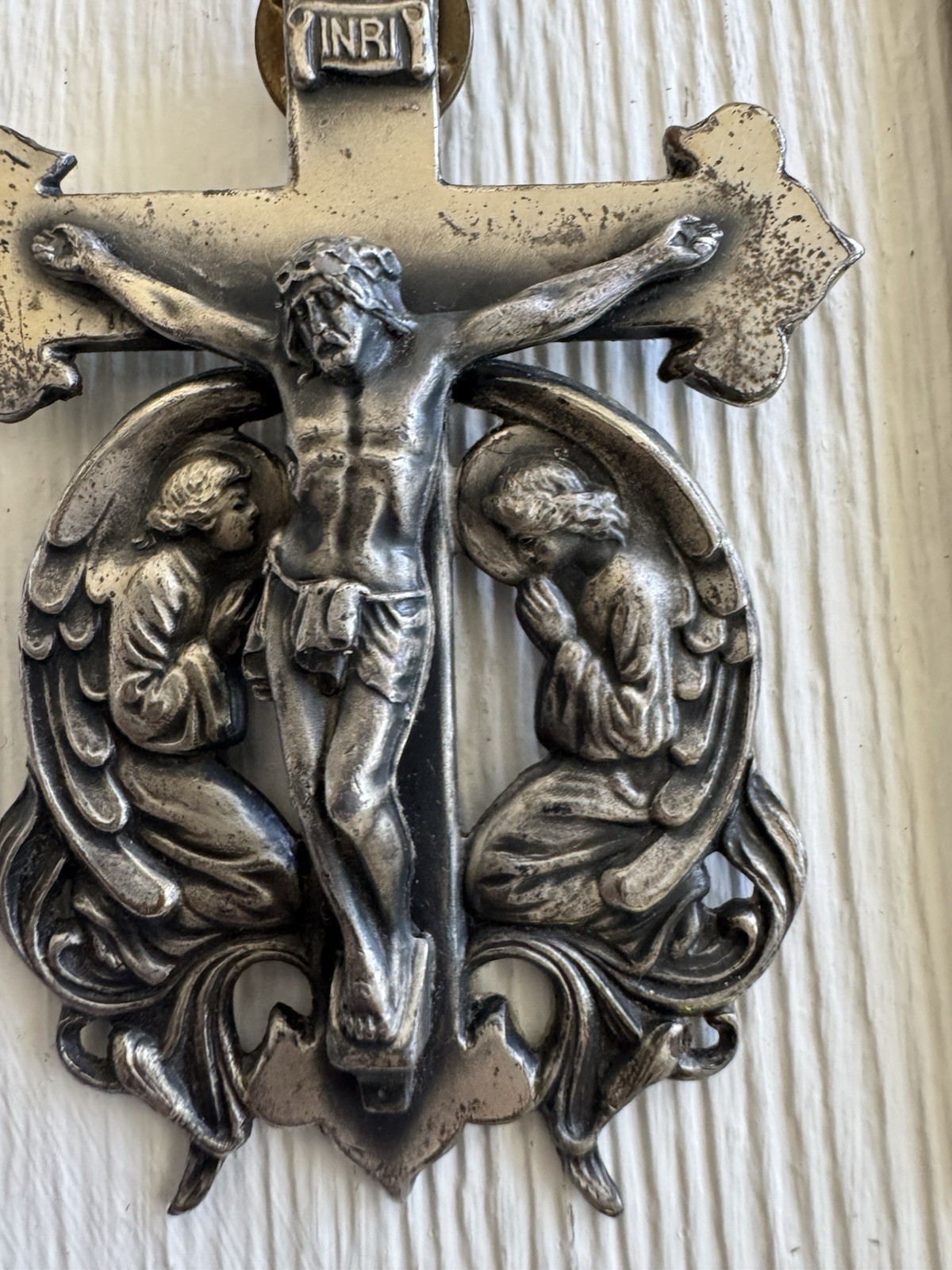 Vintage Silver Tone Crucifix Stick Pin Catholic Jesus Angels INRI Religious 3in