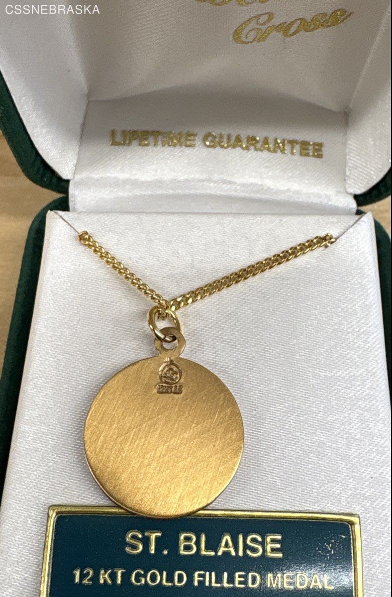 Jeweled Cross St Blaise 14K Gold Filled Medal, Gold Plated Brass Chain