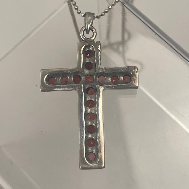VTG Christian Cross Pendant Necklace 925 Sterling Silver Red Garnet(15)