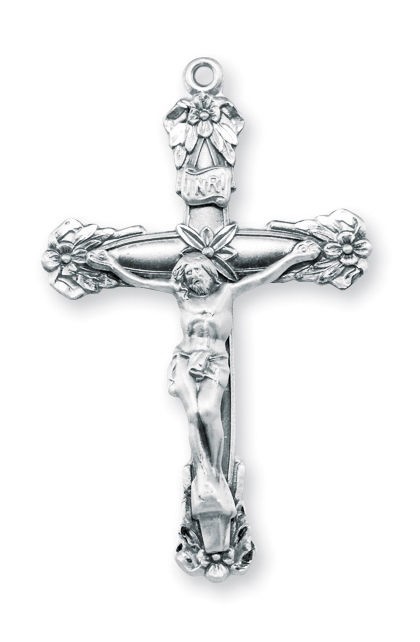 Needzo LTG 1 3/4″ Sterling Silver Flower Accent Cross Crucifix Rosary Pendant