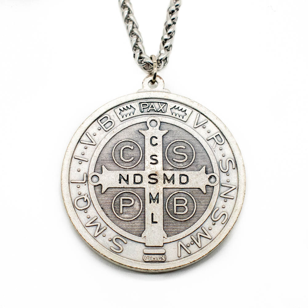 Extra Large 2″ Saint St Benedict Medal Italy Pendant Necklace w 24″ Spiga Chain