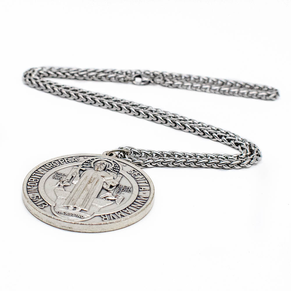 Extra Large 2″ Saint St Benedict Medal Italy Pendant Necklace w 24″ Spiga Chain