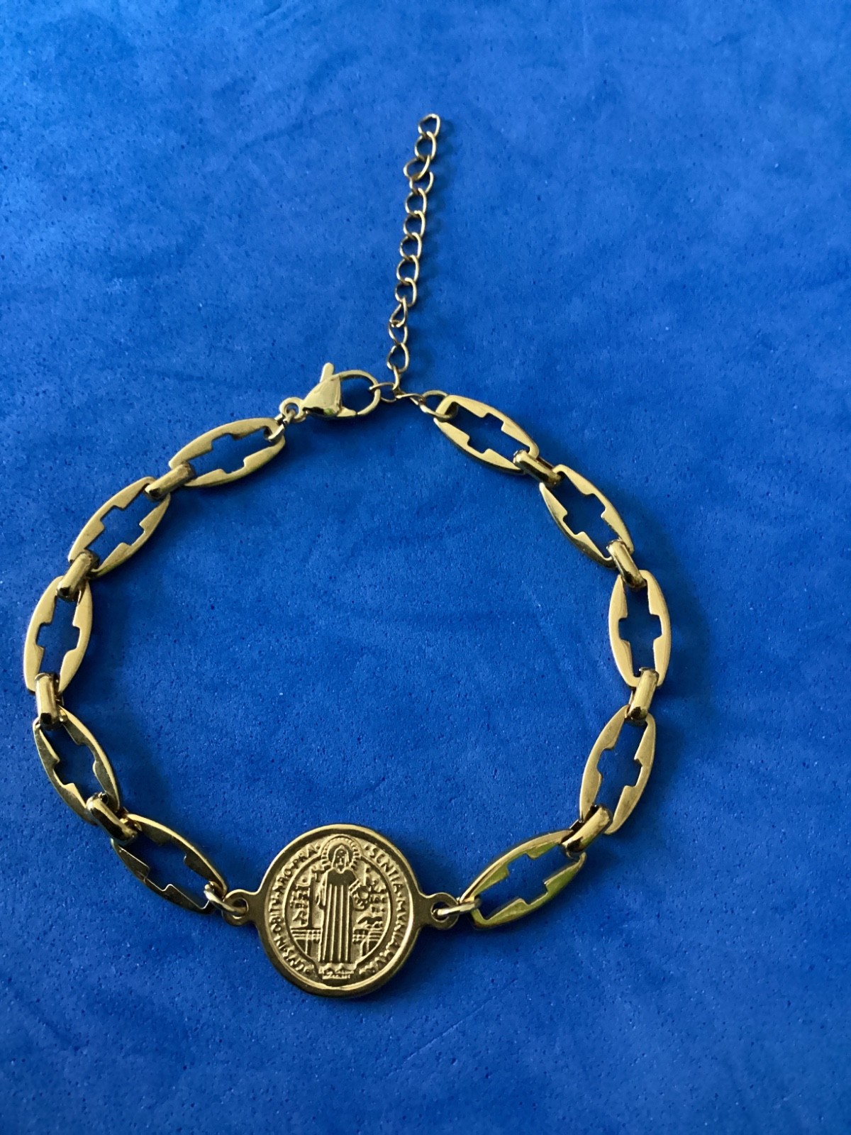 St BENEDICT Bracelet Saint Medal Gold Plated Stainless Steel 7.5” to 9 inch