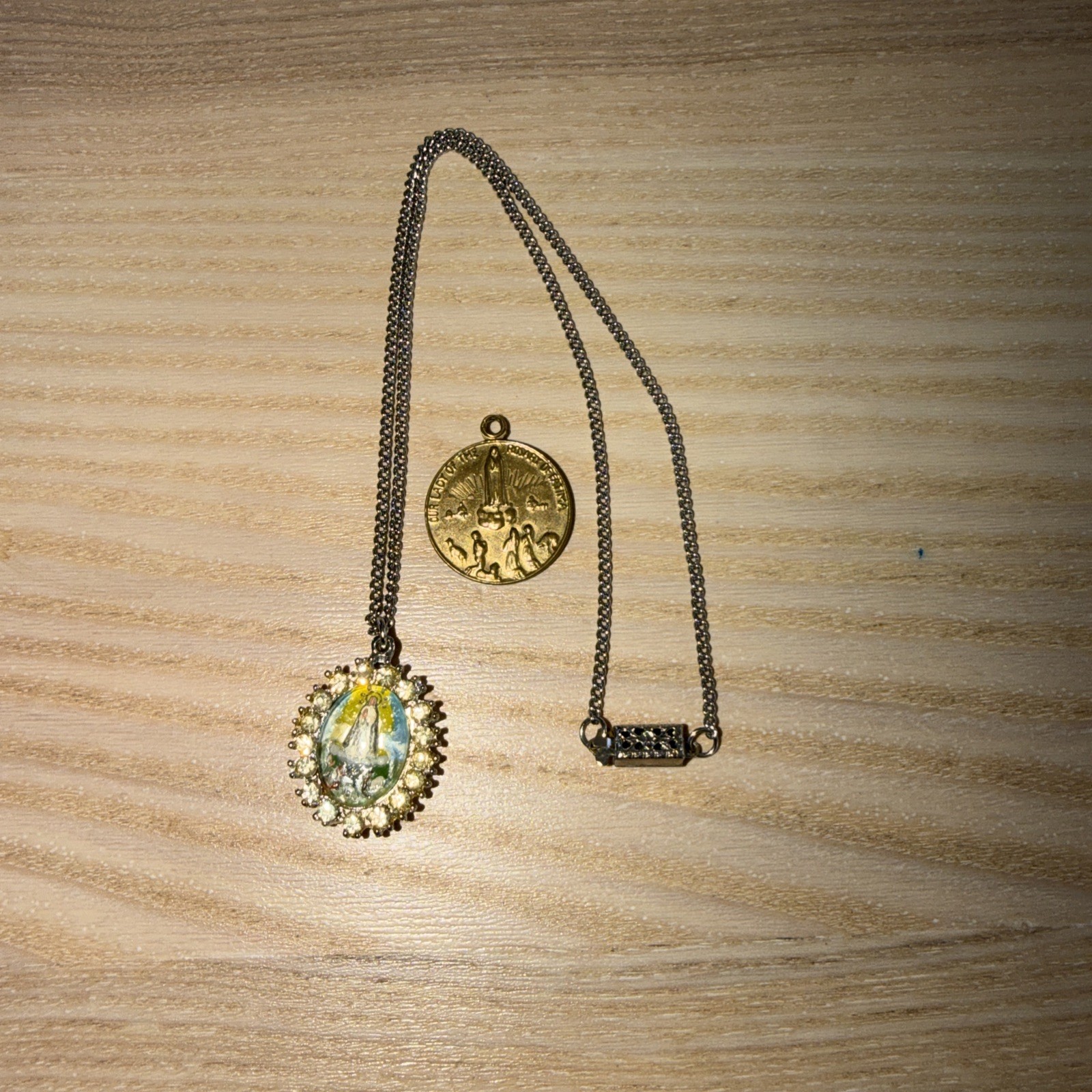 Vintage Our Lady of Fatima Catholic Medal Pendant Charm Silver Tone & Gold Tone