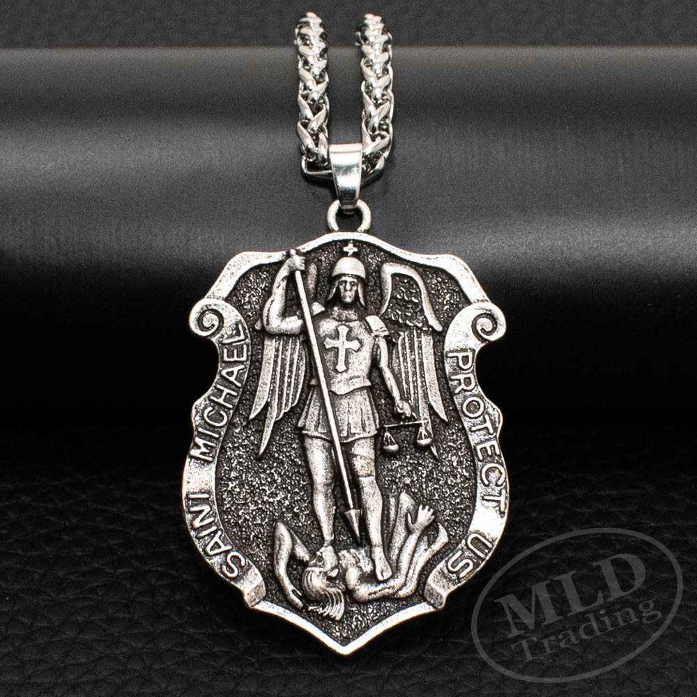 Large Saint St Michael Medal Shield Badge Pendant Necklace w Strong Spiga Chain