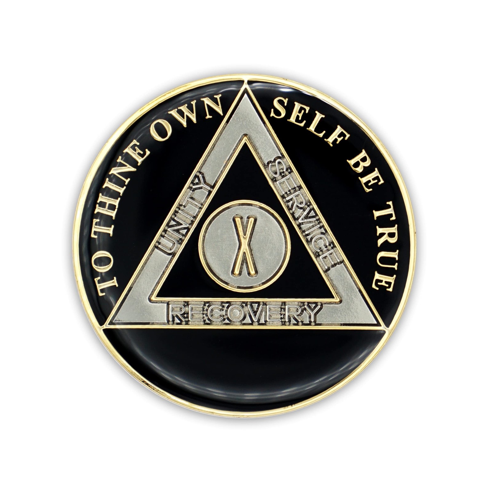 10 Year Sobriety Coin | Triplate AA Chip Recovery Anniversary Token (Black)