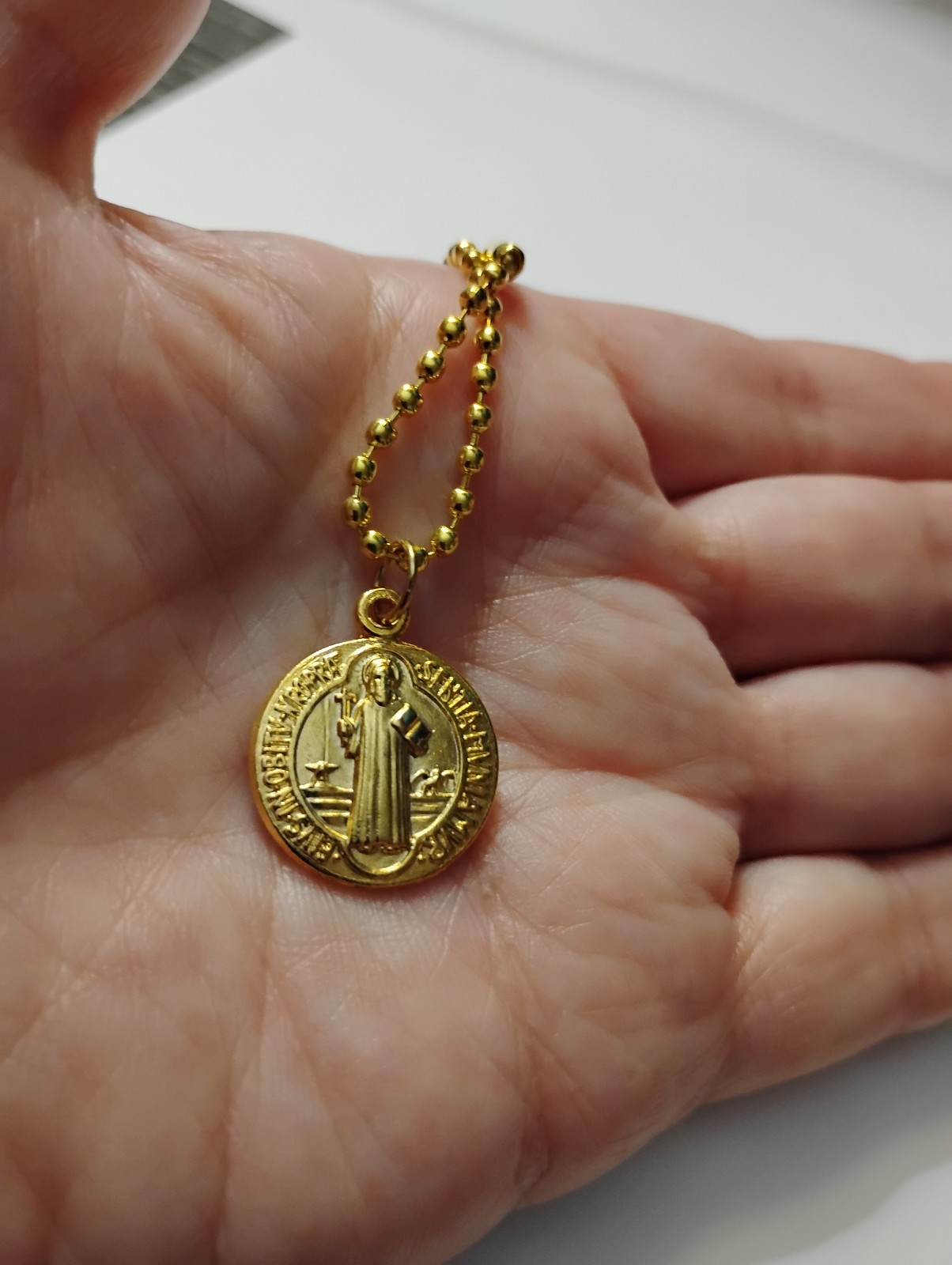 Gold St Benedict Medal Italy Necklace 24″ gold ball chain + prayer card