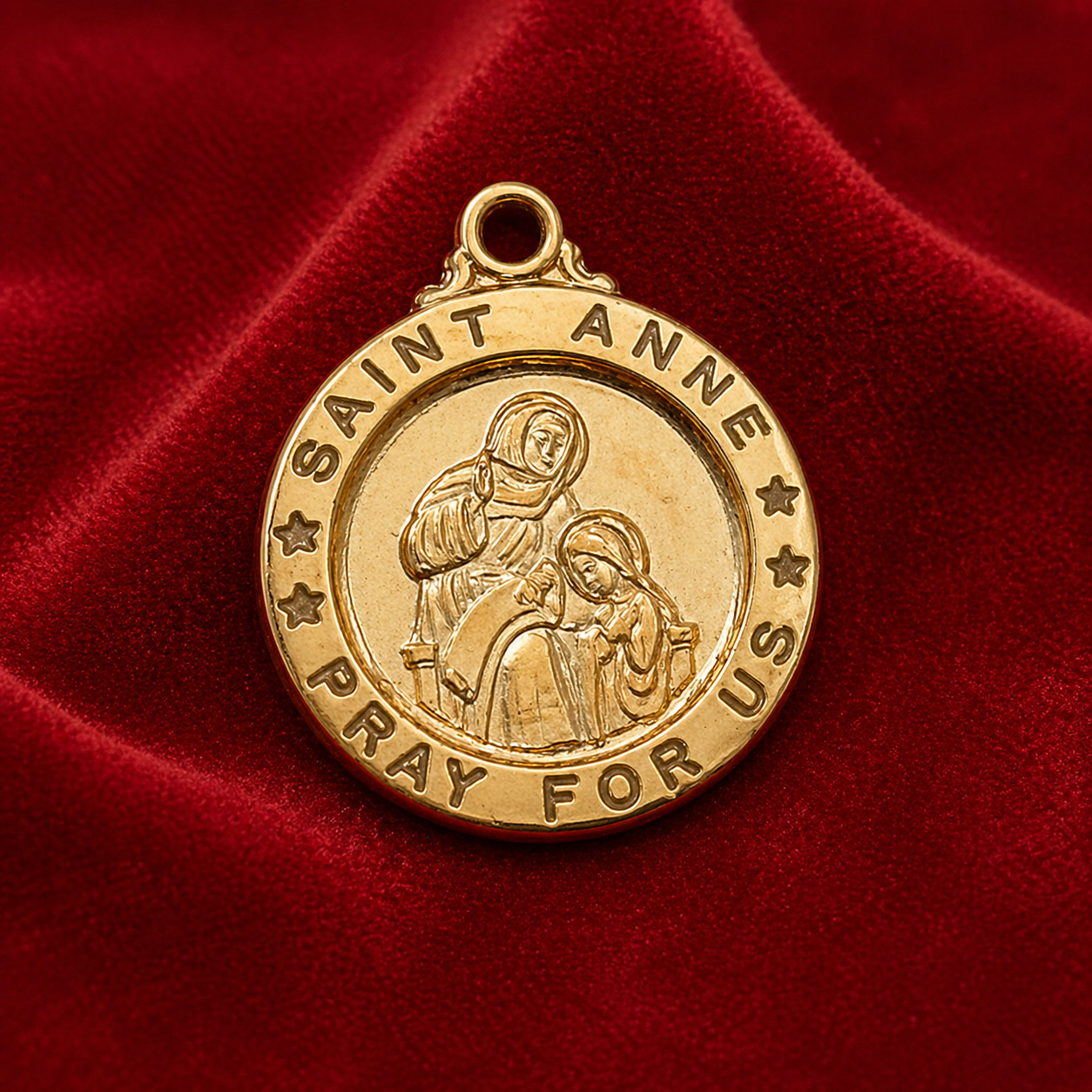 St. Anne Pray For Us Round Gold Plated Sterling Medals Pendant w/ 18 Inch Chain