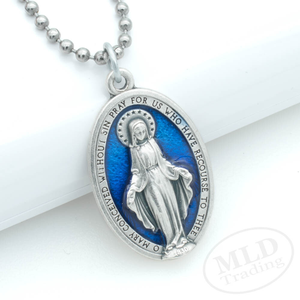Miraculous Medal Necklace Catholic Virgin Mary 1.5″ Blue Pendant Made In Italy