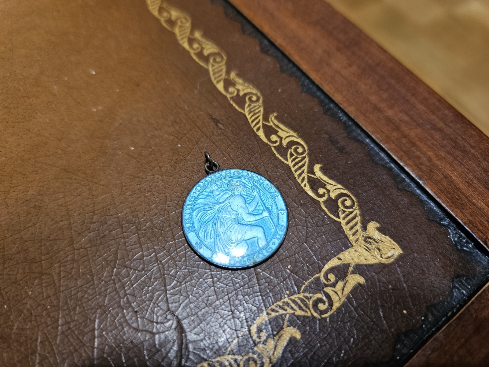 Vintage Saint Christopher Protect Us STERLING SILVER turquoise teal pendant enam