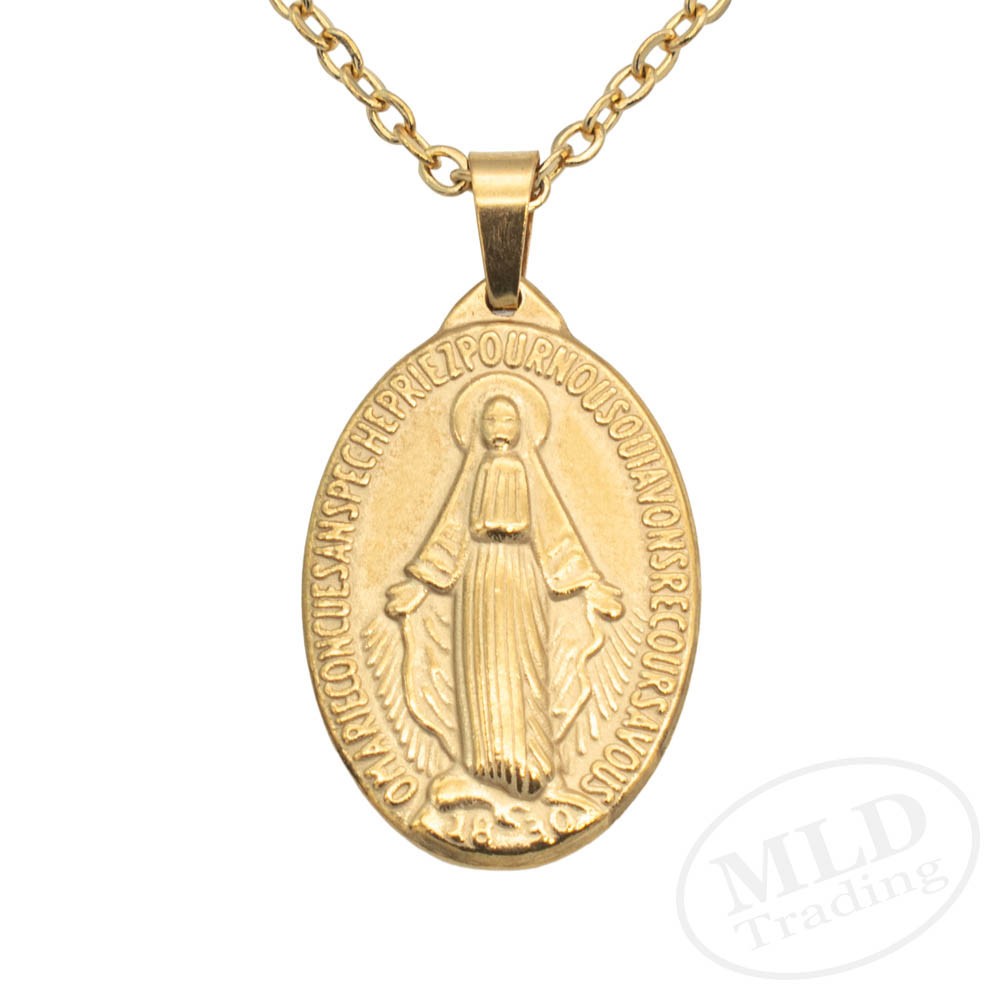 Gold Miraculous Medal Necklace – Stainless Steel Catholic Pendant 18″+2″ Chain
