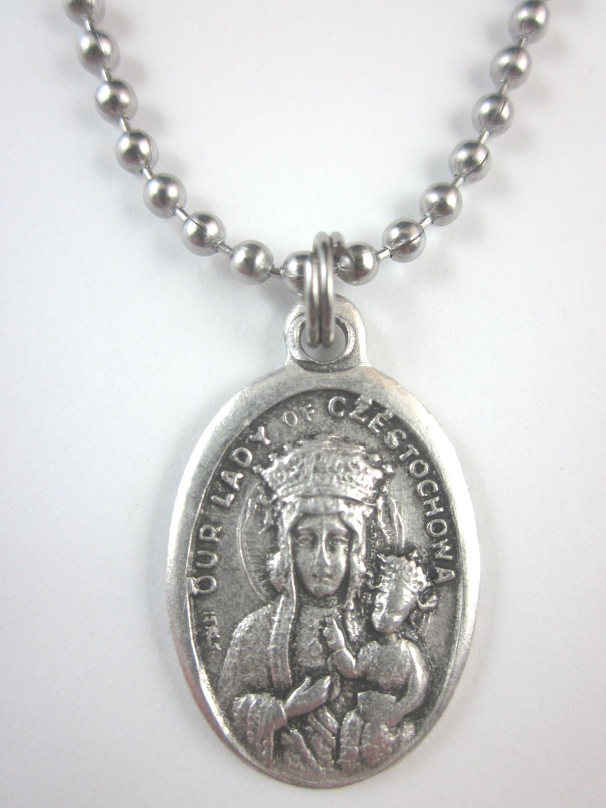 Our Lady of Czestochowa Medal Italy Necklace 24″ Ball Chain Gift Box Prayer Card