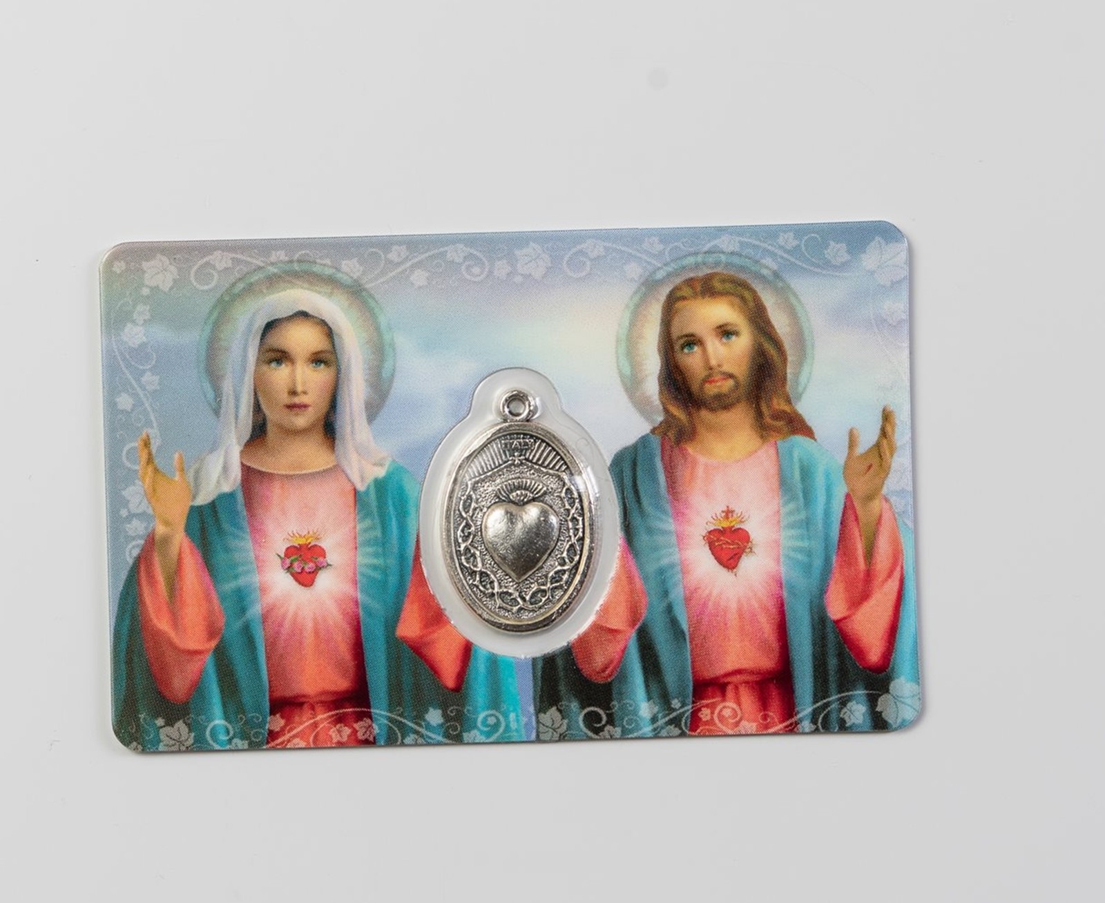 Plastic Sacred Hearts of Jesus and Mary Wallet Prayer Card w/ Medal