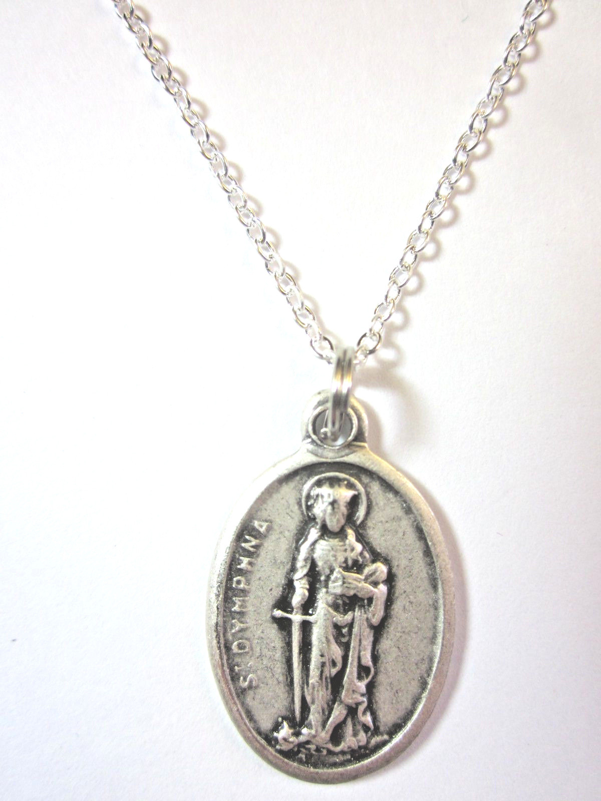 Ladies St Dymphna Medal Italy Pendant Necklace 20″ Chain Gift Box & Prayer Card