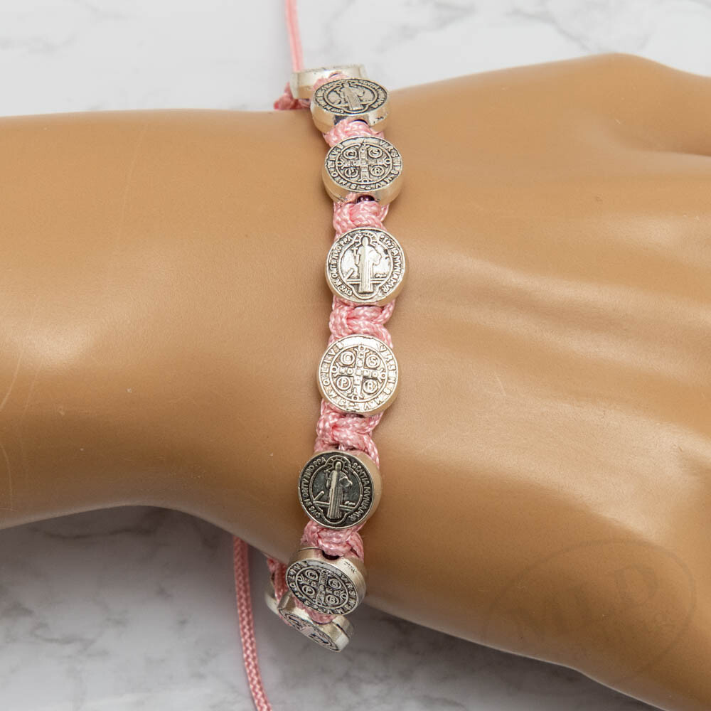 Pink Macrame Saint St Benedict Medal Cord Bracelet – Adjustable, 10 Medals