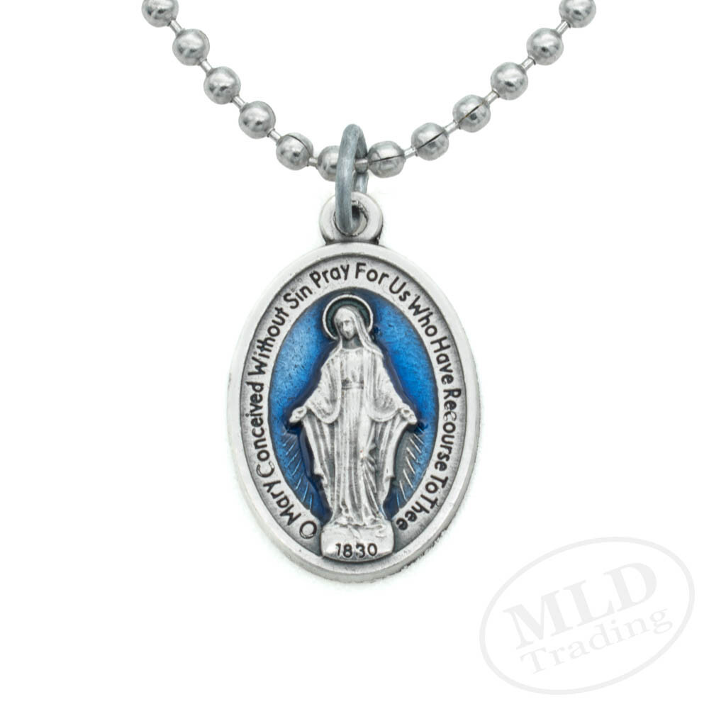 Blue Miraculous Medal Virgin Mary 1″ Pendant Necklace Italy w 24″ Ball Chain