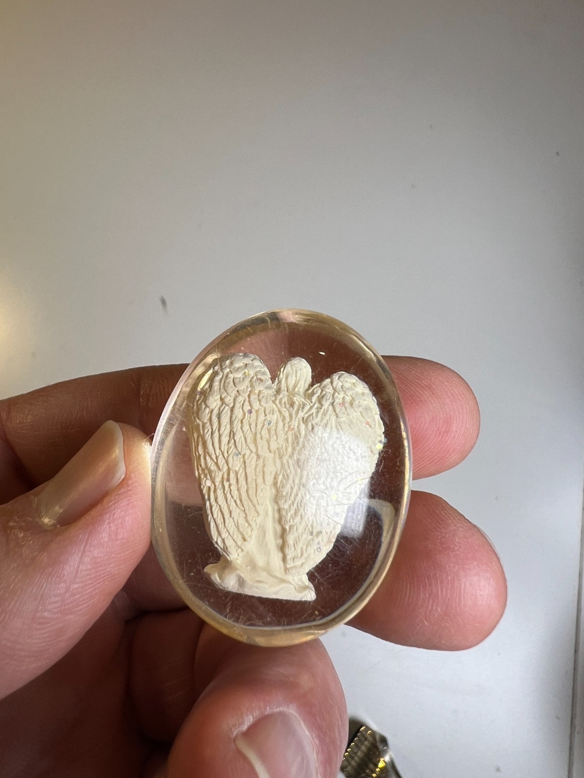 Antique Vintage 1950s Chalkware Angel Encased Lucite Devotional Pocket Charm