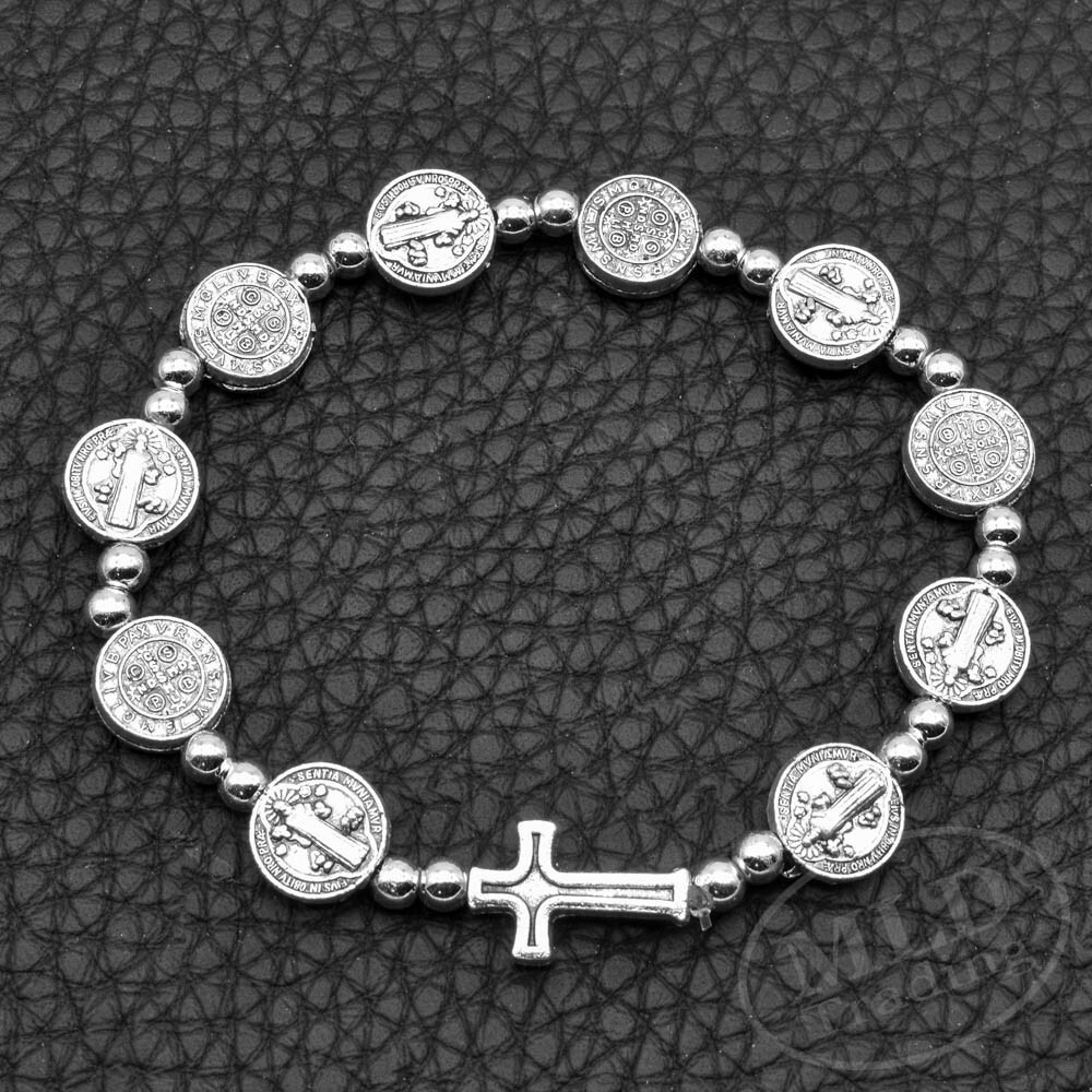 Silver Saint St Benedict Medal Cross Rosary Bracelet Pulsera De San Benito