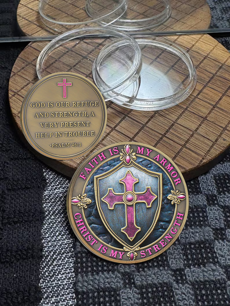 Pink Cross Christian Challenge Coin – Faith Is My Armor – Psalm 46: 1 Verse Coin
