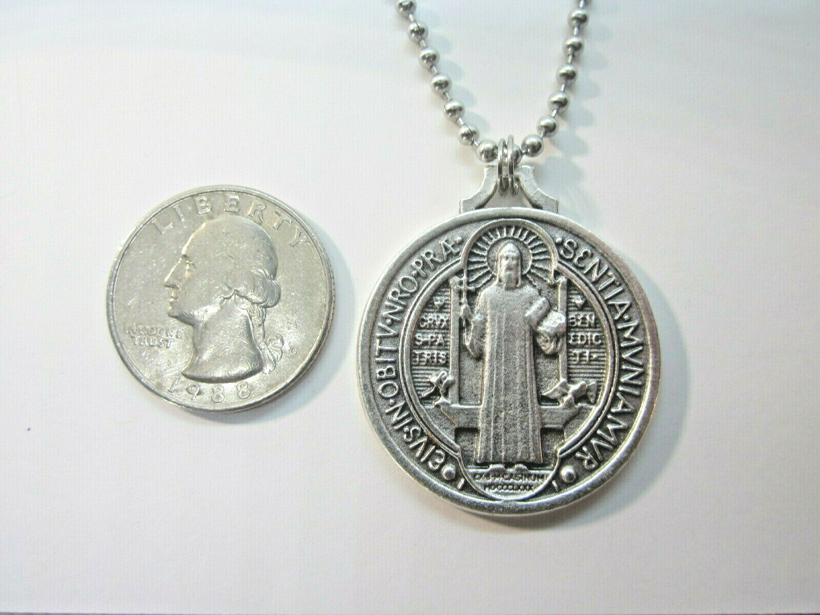 XL St Benedict Jubilee Medal 1 1/2″ Italy Pendant Necklace 24″ Ball Chain