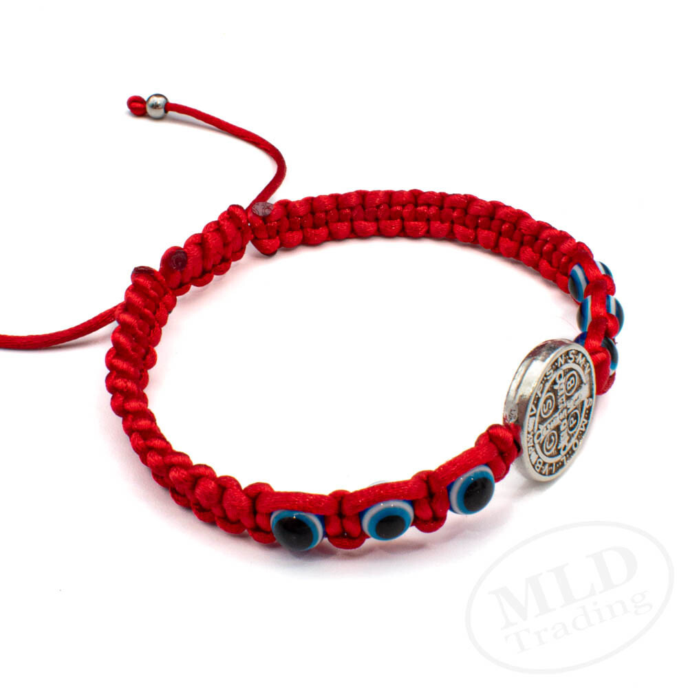 Silver Saint St Benedict Medal Red Bracelet w Blue Evil Eye Protection Beads