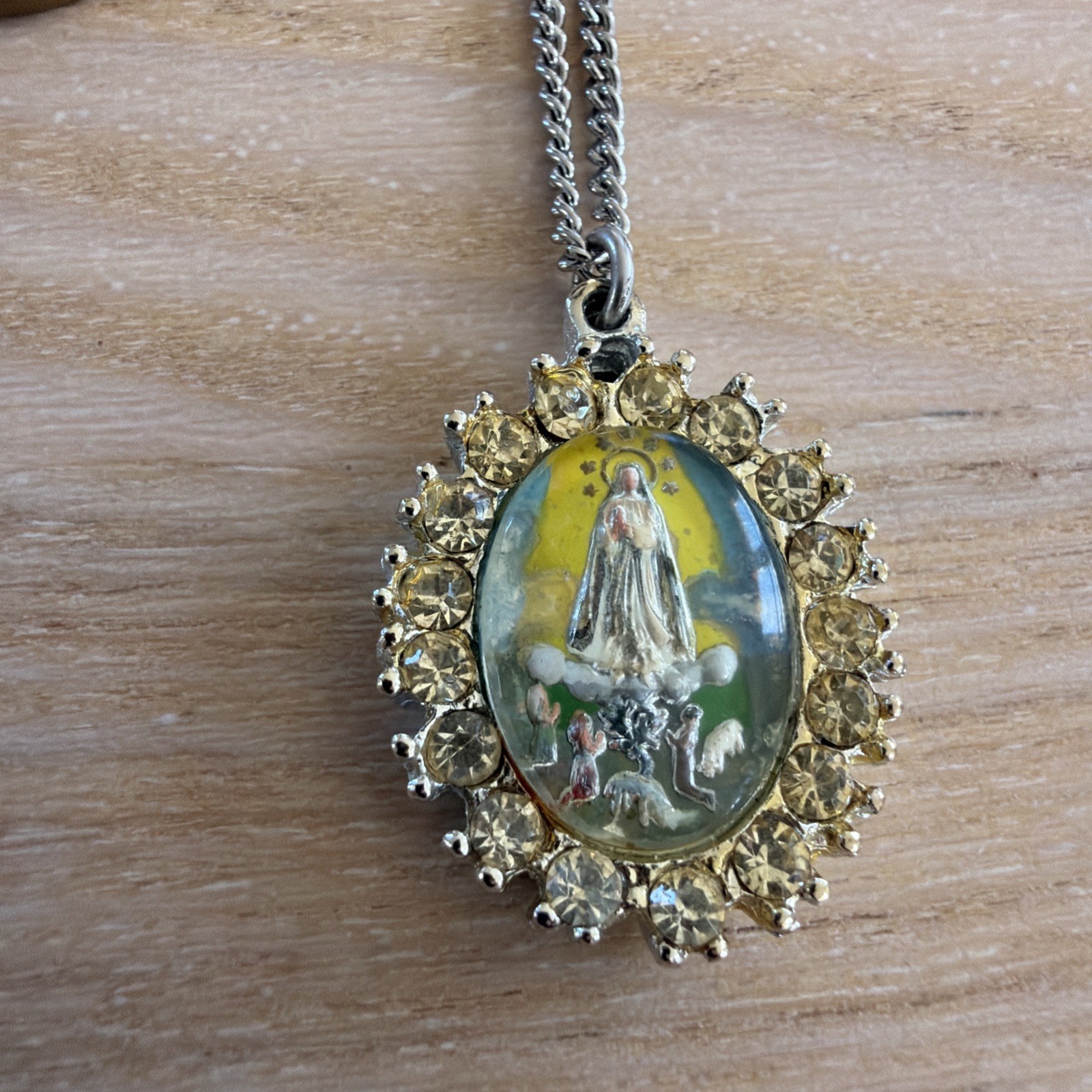 Vintage Our Lady of Fatima Catholic Medal Pendant Charm Silver Tone & Gold Tone