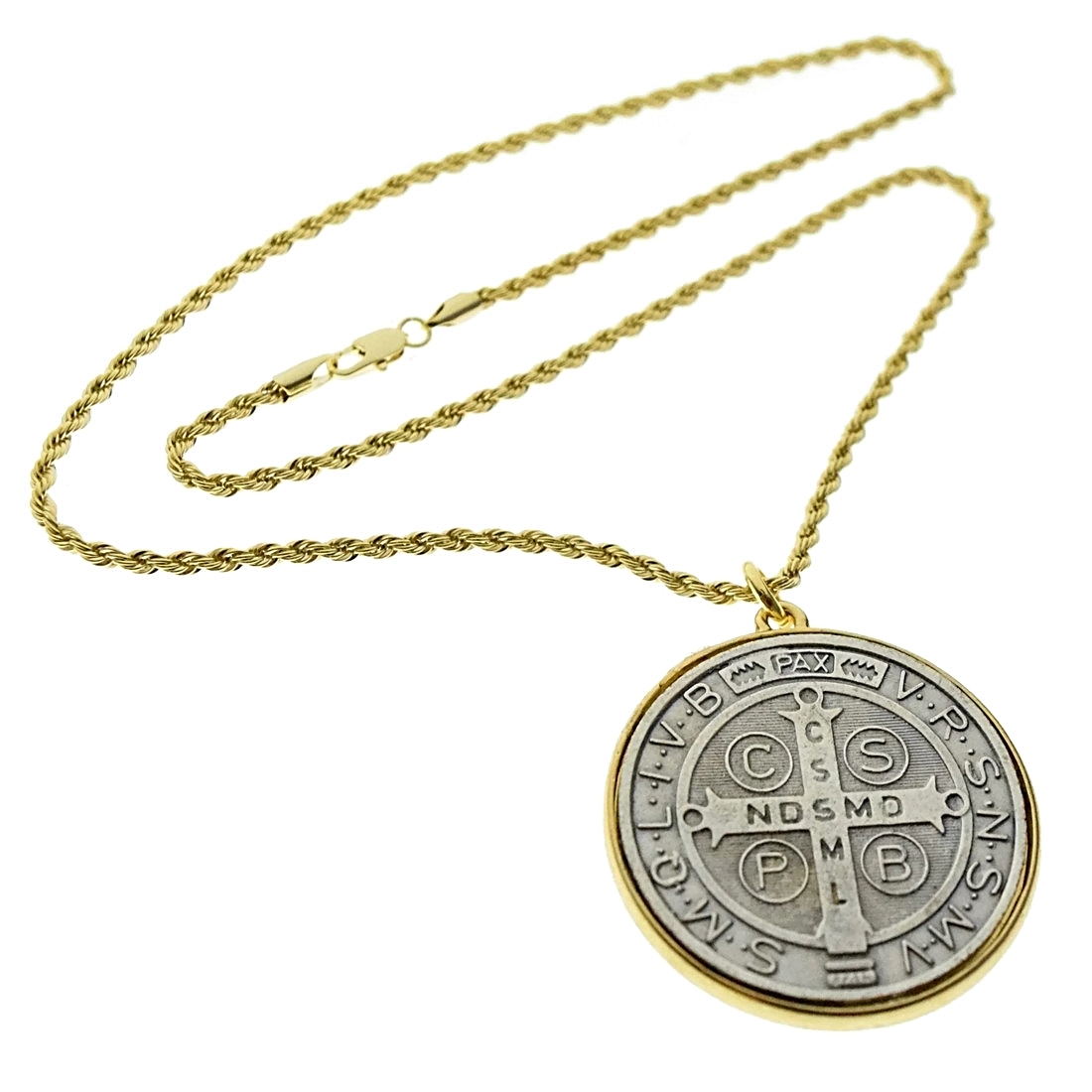 Medalla De San Benito 48mm Medal St Benedict Pendant Gold Plated Rope Chain 24″