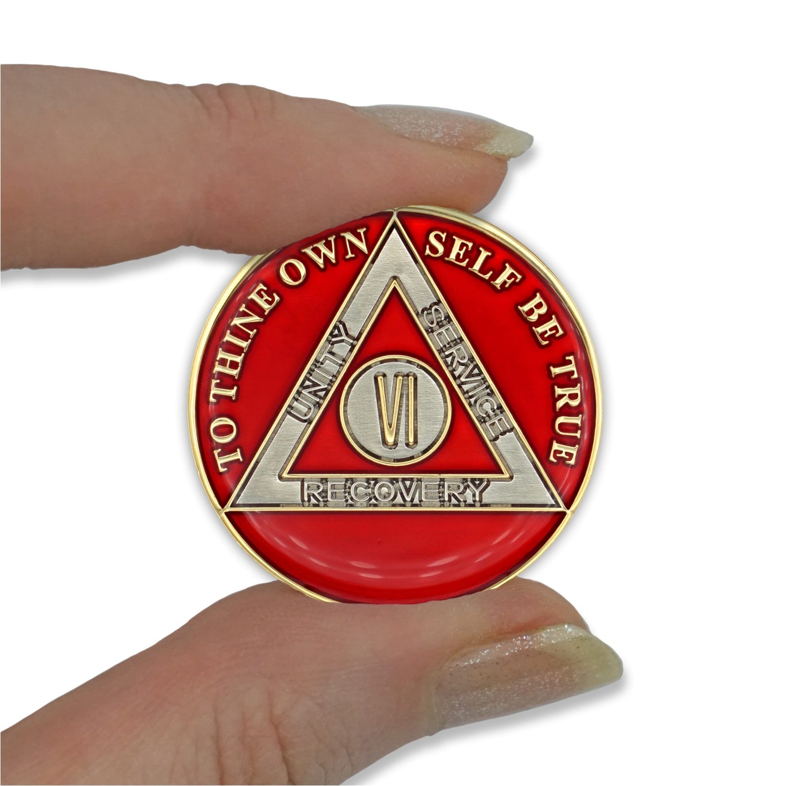 6 Year Sobriety Coin | Triplate AA Chip Recovery Anniversary Token (Red) Red