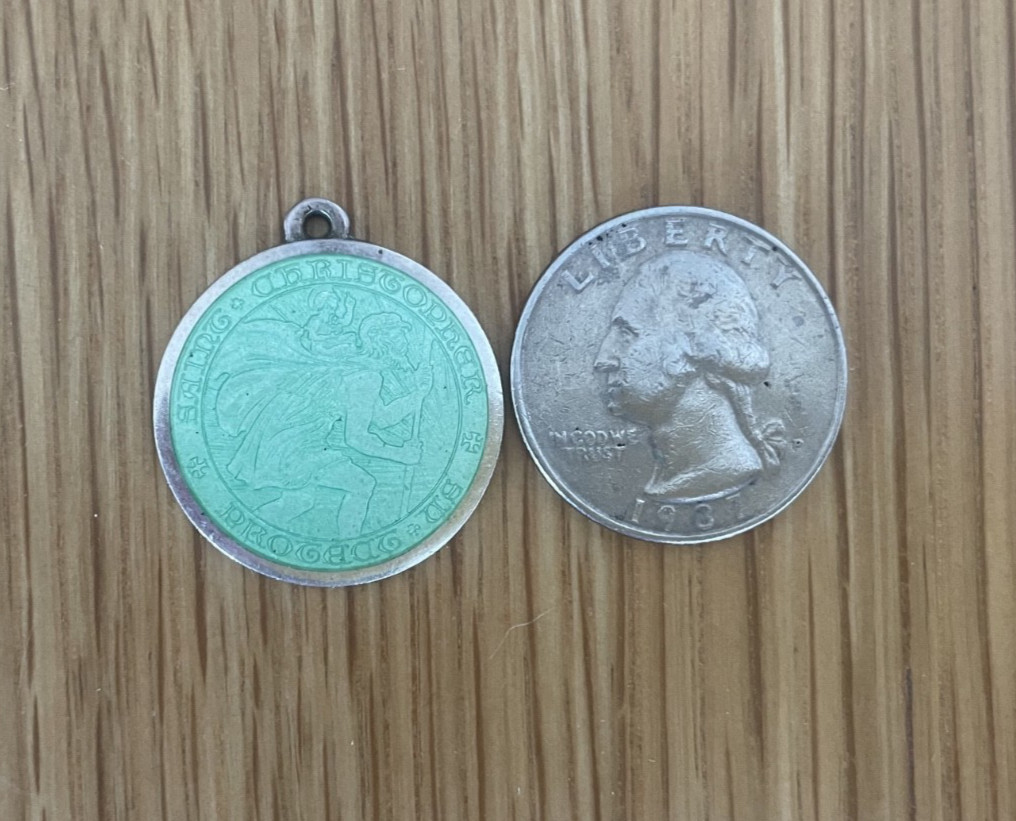 Vtg 1″ ST. CHRISTOPHER MEDAL-CHARM/ Sterling Silver 925-Guilloche Enamel