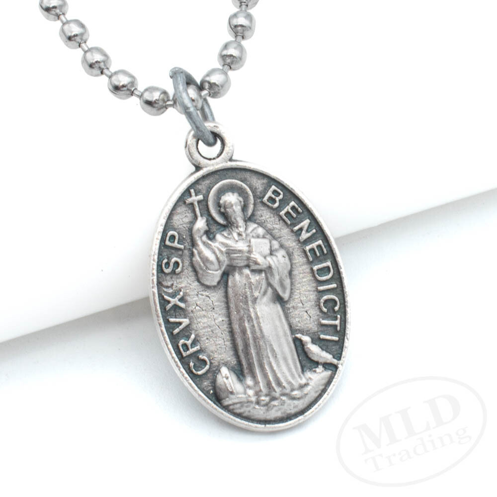 Italian Saint Benedict Medal Pendant Necklace – Silver Zinc Alloy, 24″ Chain