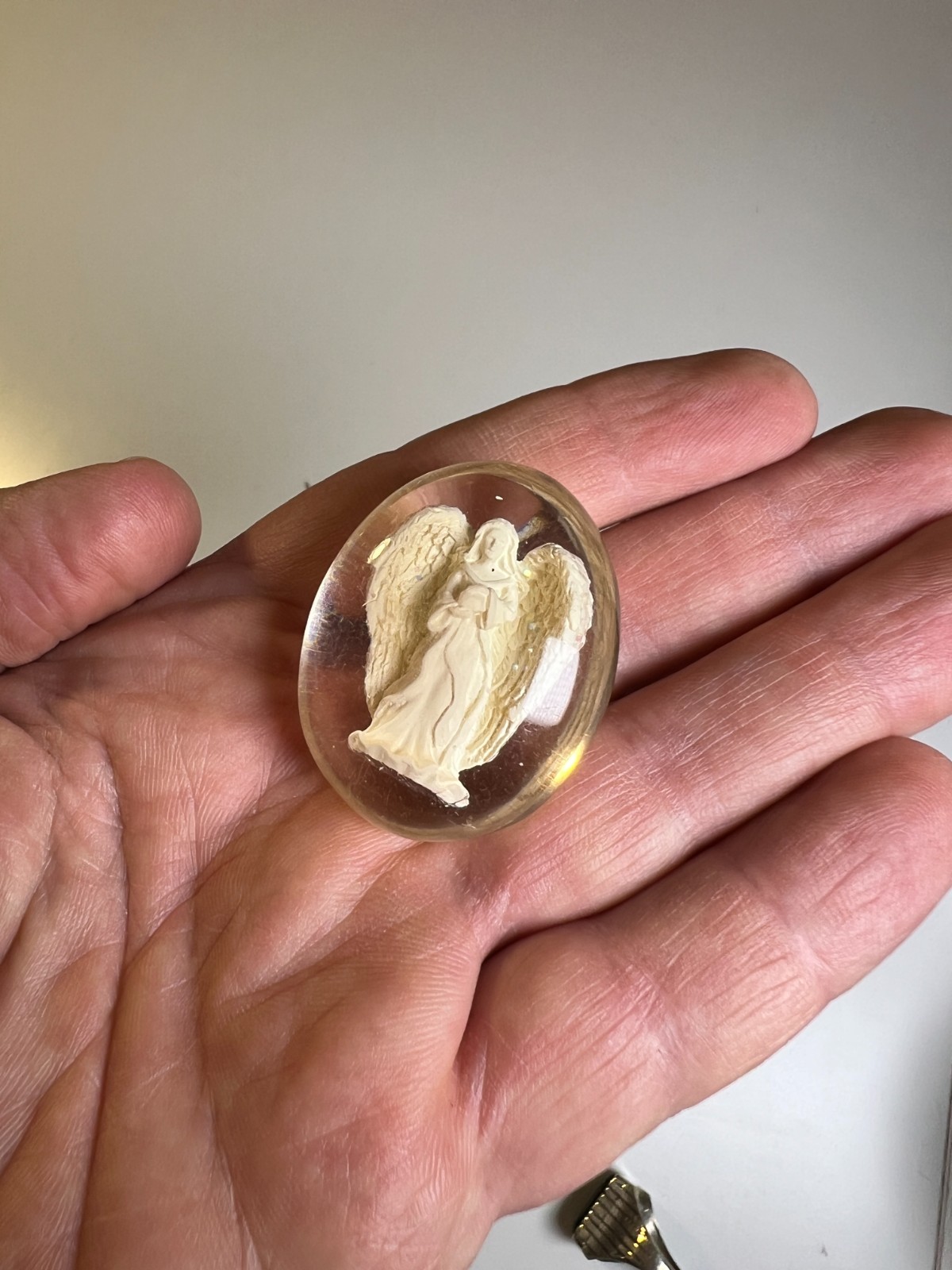 Antique Vintage 1950s Chalkware Angel Encased Lucite Devotional Pocket Charm