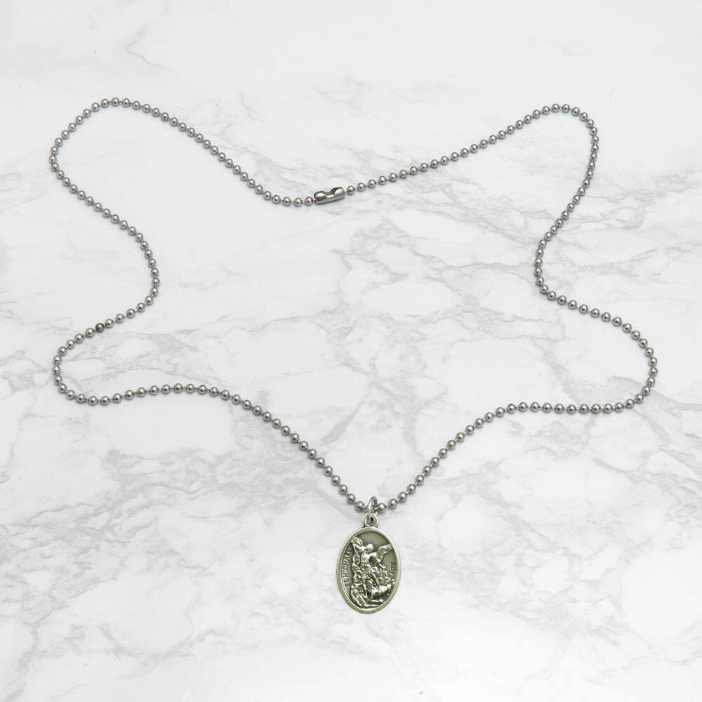 Patron Saint St Michael Pray For Us 1″ Medal Pendant Necklace 24″ Chain Italy