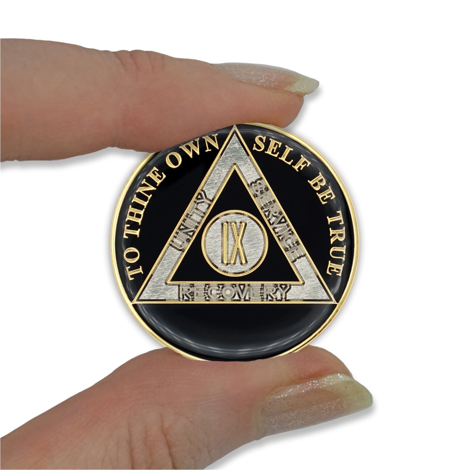 9 Year Sobriety Coin | Triplate AA Chip Recovery Anniversary Token (Black)