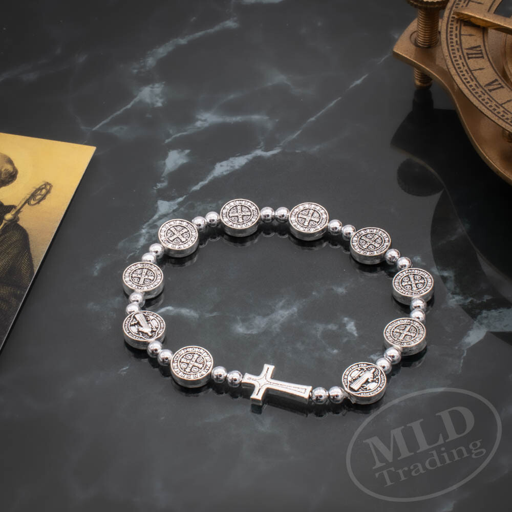 Silver Saint St Benedict Medal Cross Rosary Bracelet Pulsera De San Benito
