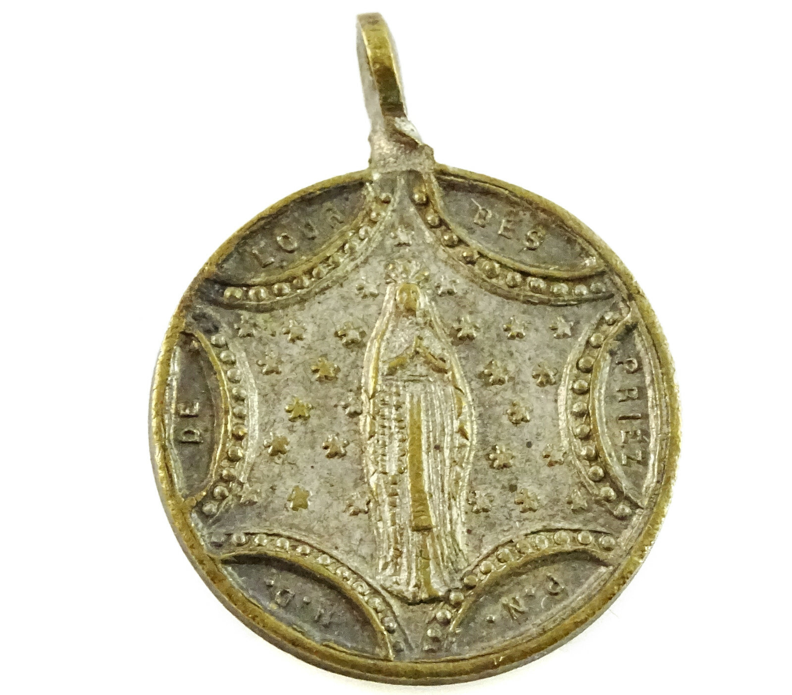 Antique Catholic Medal Notre Dame de Lourdes Grotto Apparition Twisted Bail