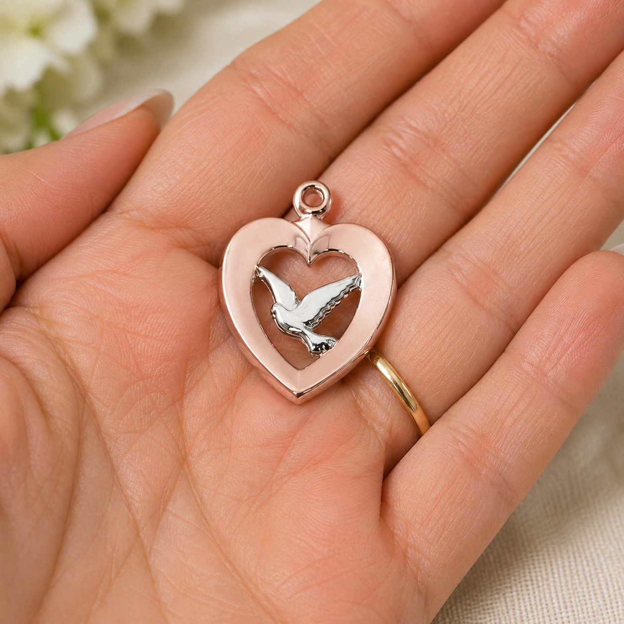 Two-Toned Rose Gold Plated Sterling Medals Holy Ghost Dove In Heart Pendant
