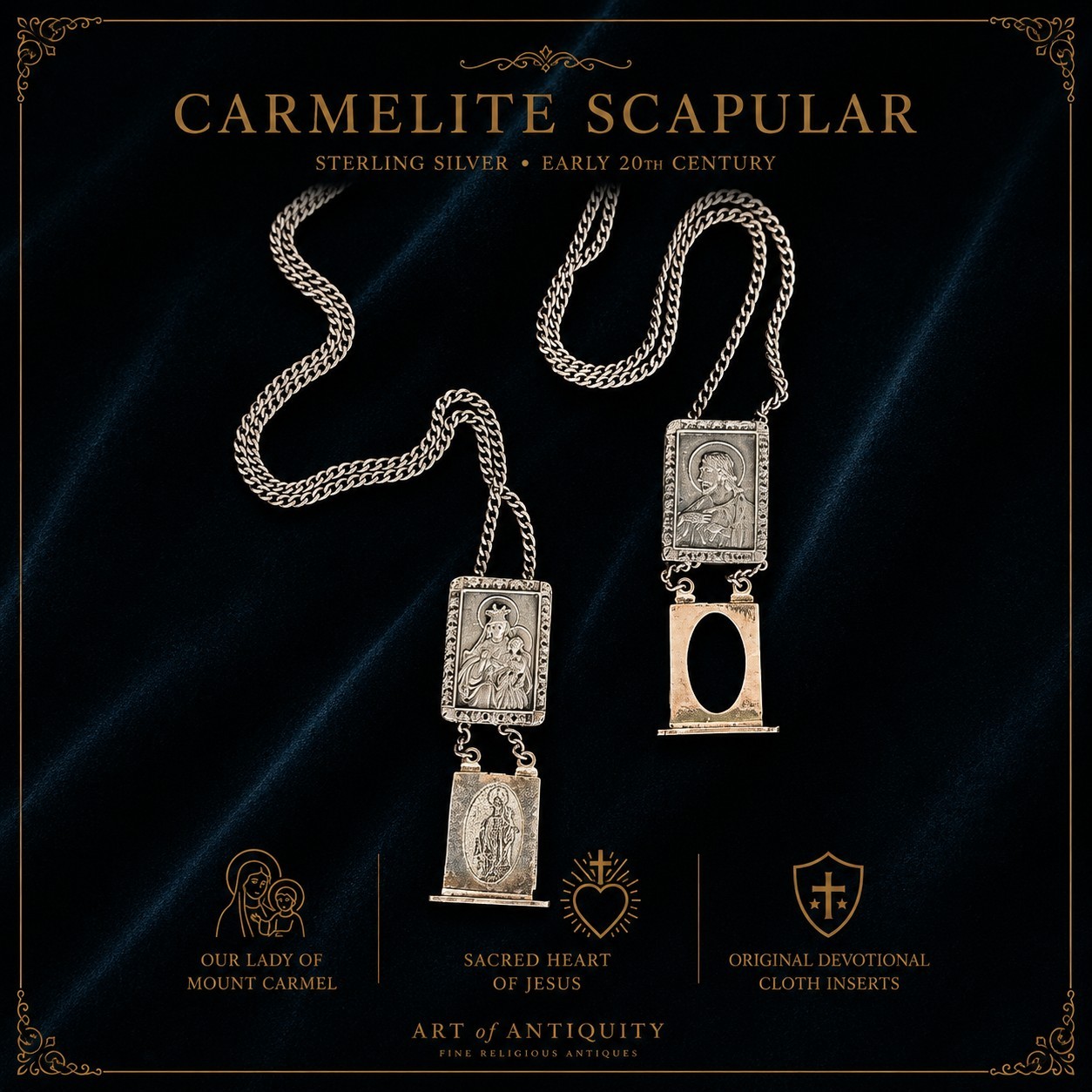 Antique Sterling Silver Carmelite Scapular Virgin Mary Sacred Heart Slid Panels