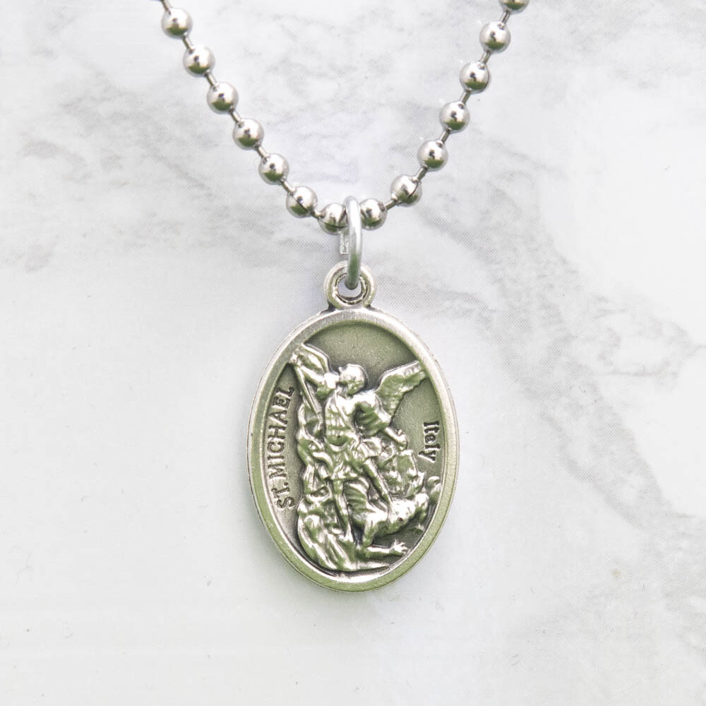 Patron Saint St Michael Pray For Us 1″ Medal Pendant Necklace 24″ Chain Italy