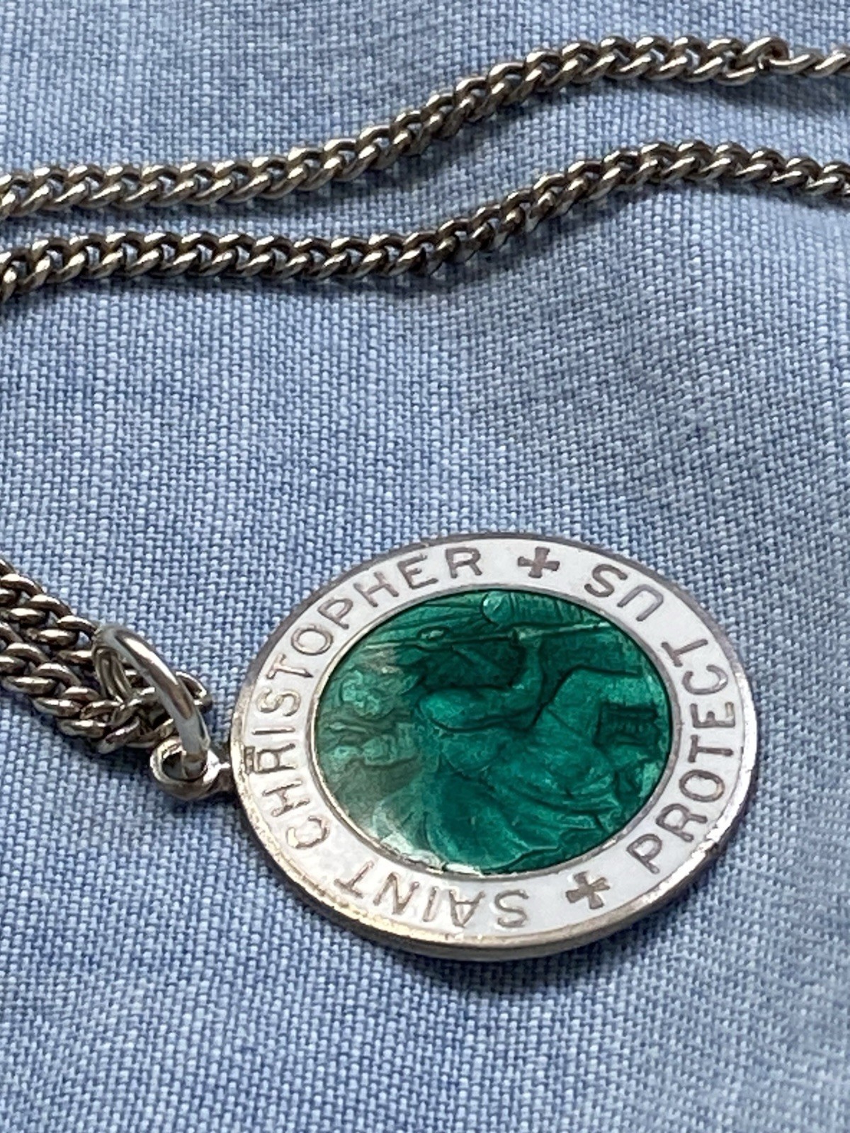 Sterling Silver And Glass Enamel Vintage Saint Christopher Pendant – RARE 1 Inch