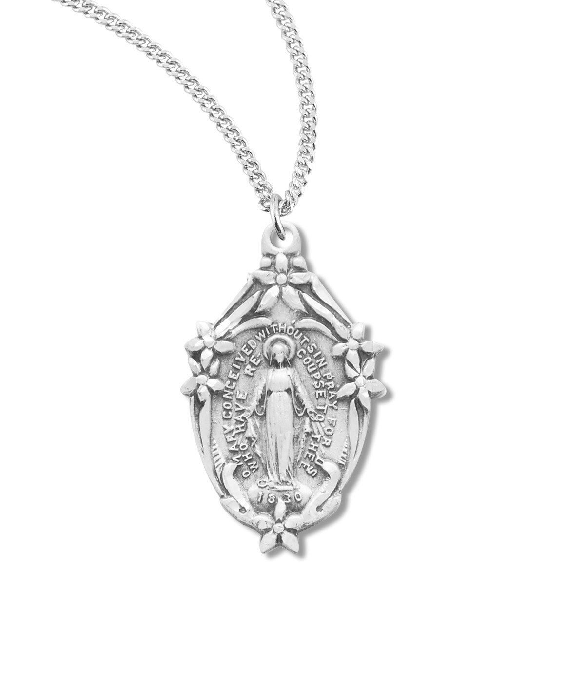 925 Sterling Silver Mary Miraculous Flower Framed Blessed Pendant Medal Necklace