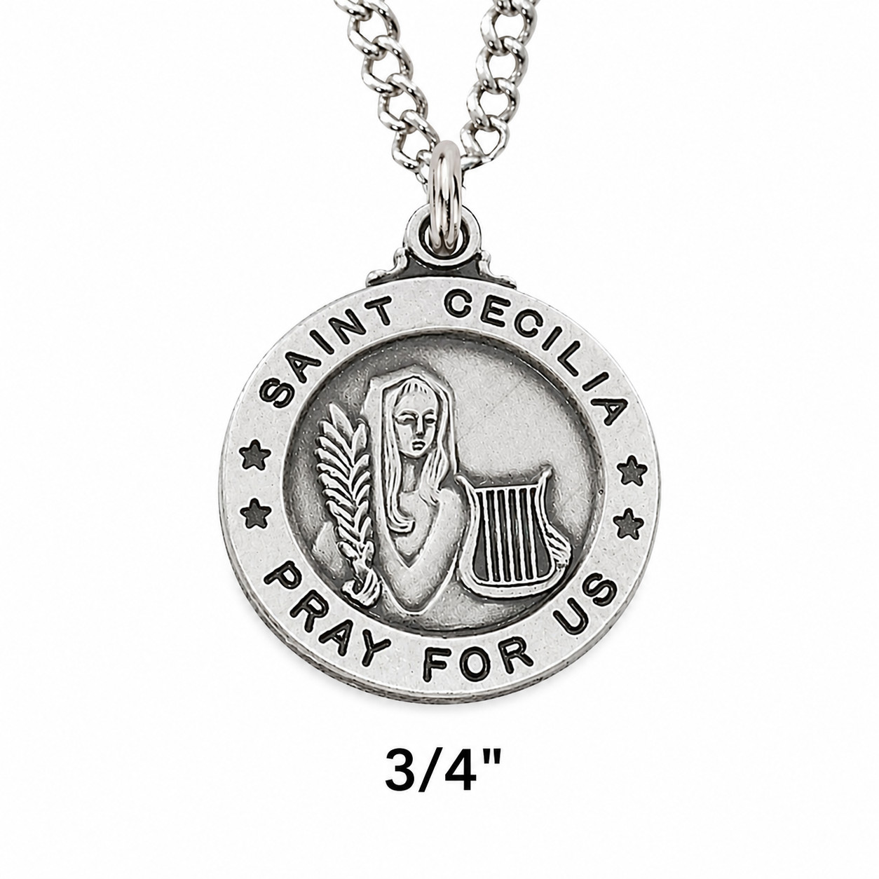Saint Cecilia Medal Sterling Silver Pendant 20 Inch Necklace Christian Chain