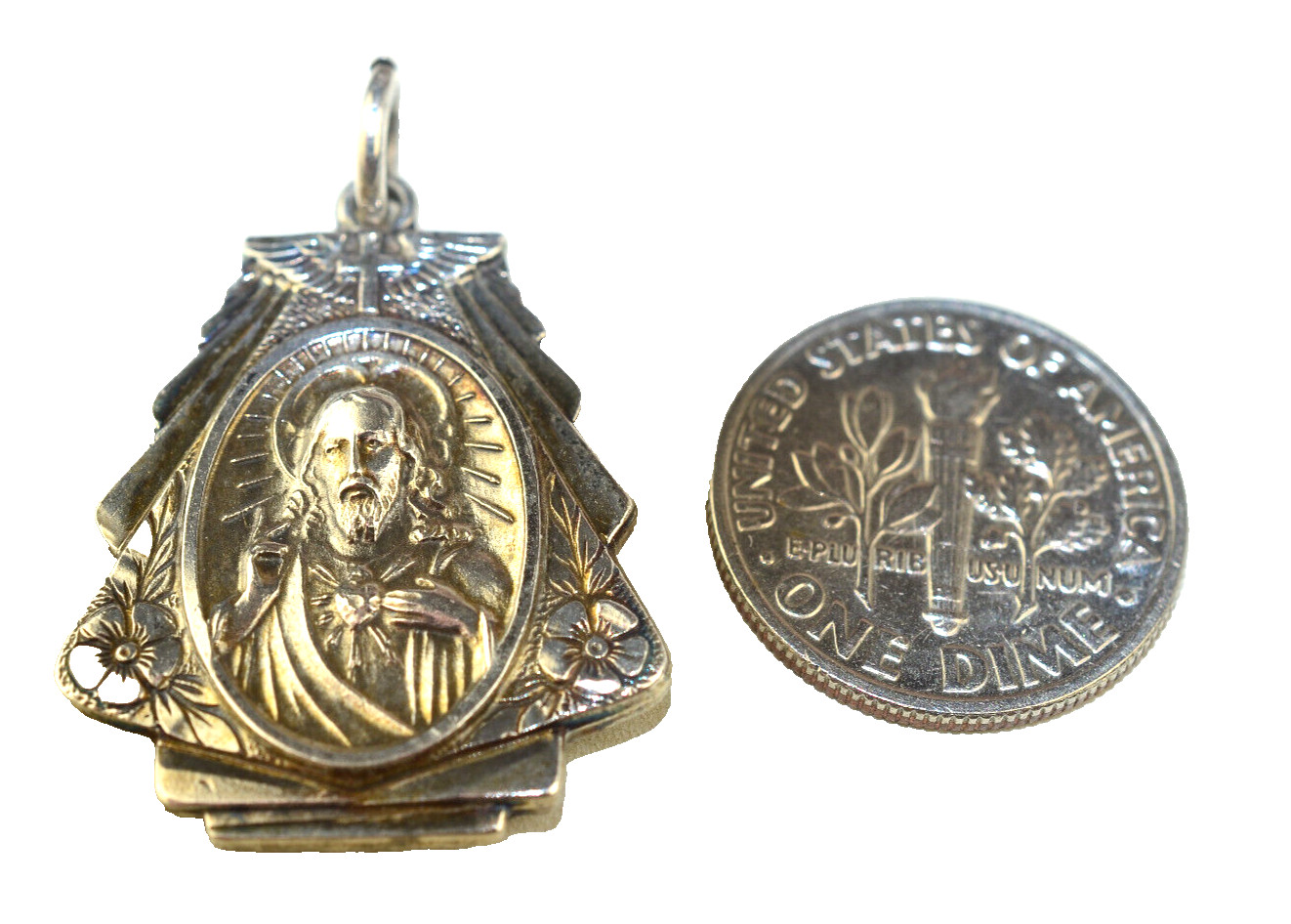 VINTAGE HMH STERLING SILVER SACRED HEART OF JESUS MEDAL 1″ TALL PENDANT 6.9 gr.