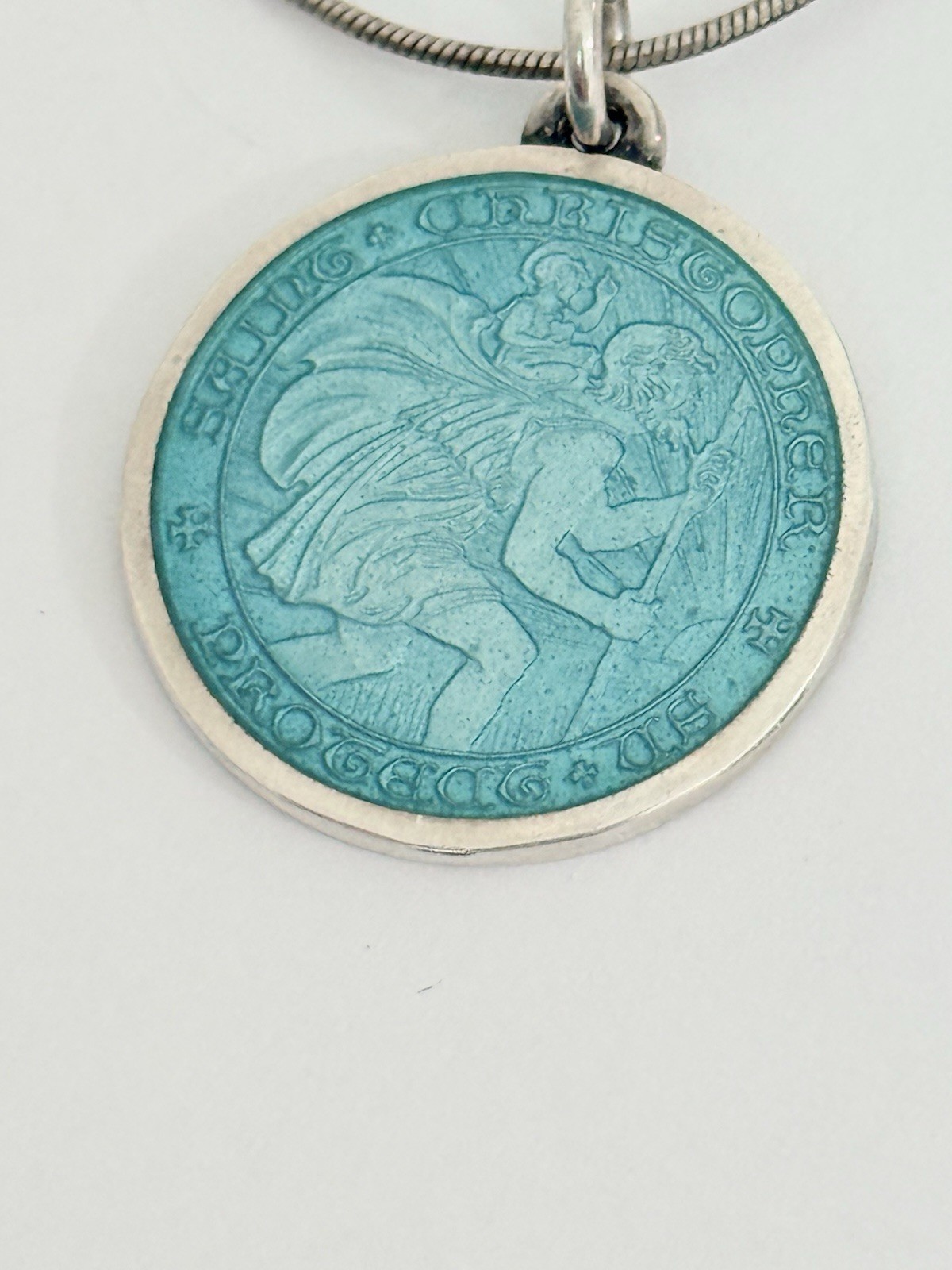Charles Thomae St Christopher Sterling Silver Blue Enamel Medal Pendant Necklace